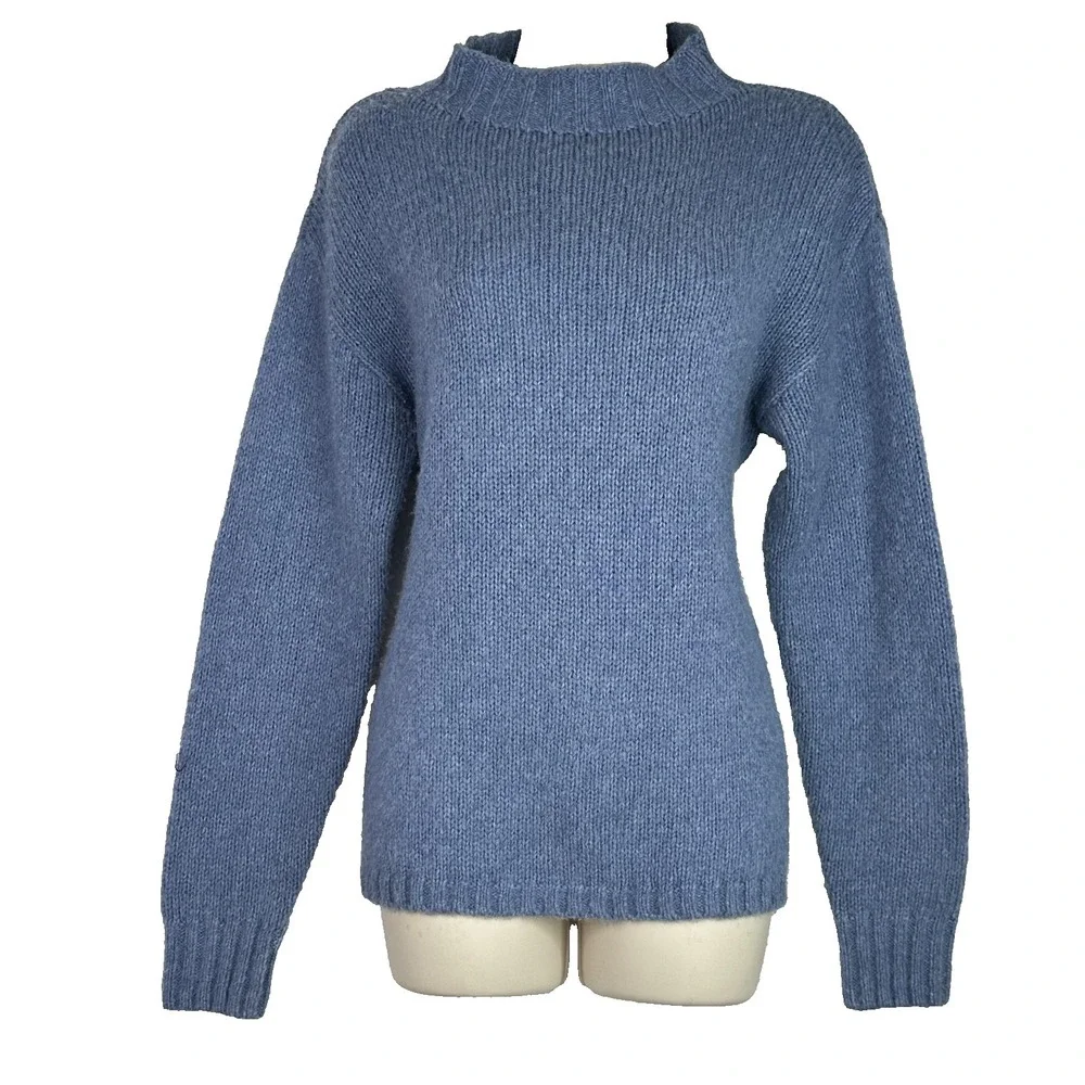 St Agni Wool Cashmere Sweater Open Back‎ Tie Mock Neck Blue XS Minimalist Luxury